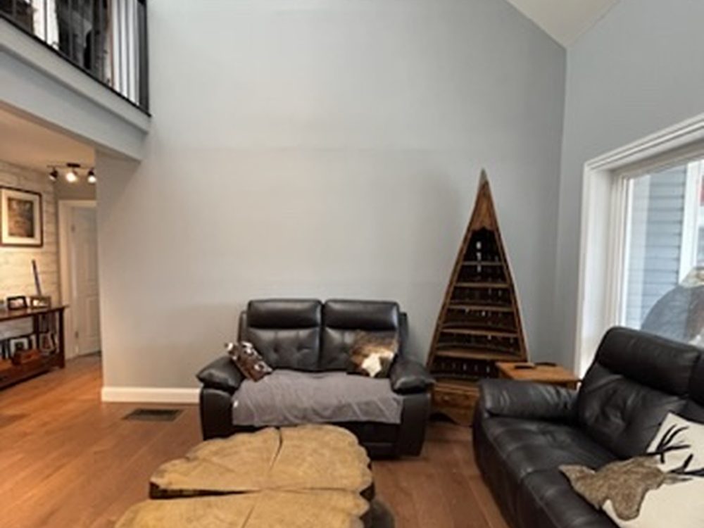 Living room with vaulted ceiling, freshly painted